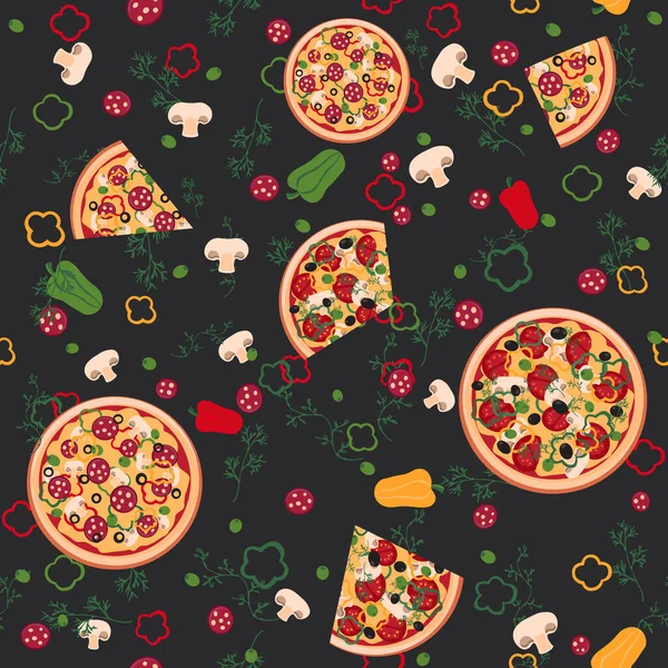 Seamless Pattern Pizzas Mushrooms Peppers Olives Sausage Mugs Greens Dark — Stock Vector