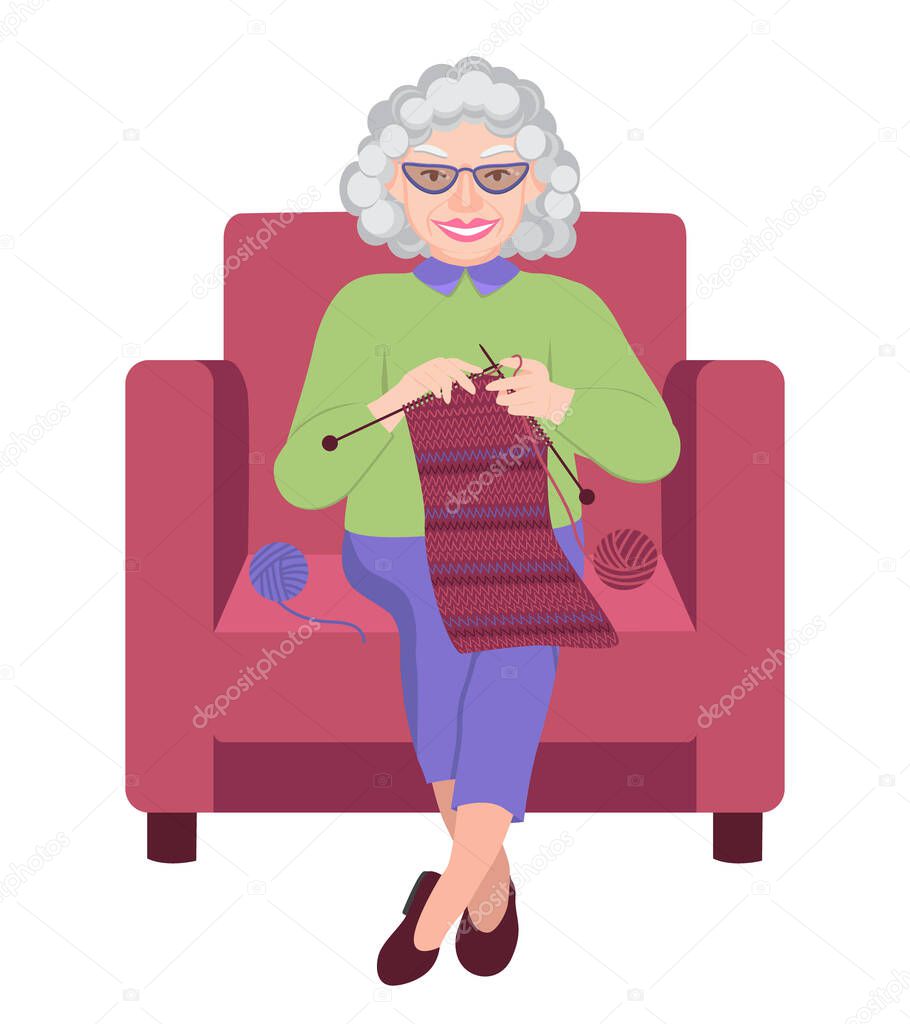 Smiling grandma knits. An elderly woman is sitting in a armchair and holding knitting needles in her hands. Handmade concept. Illustration in flat style on a white background