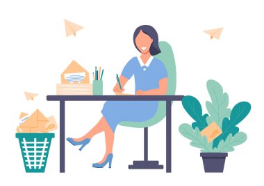 Kadın bir masada oturuyor ve kalemle mektuplar yazıyor. Masada bir yığın mektup var. Arka planda kağıt uçaklar uçuyor. Beyaz arkaplanda düz bir şekilde vektör illüstrasyonuName