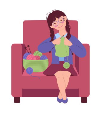 Küçük kız örgü örüyor. Bebek koltukta oturuyor ve elinde örgü iğneleri tutuyordu. Yakınlarda bir sepet karmaşa var. El yapımı konsept. Vektör izole düz illüstrasyon