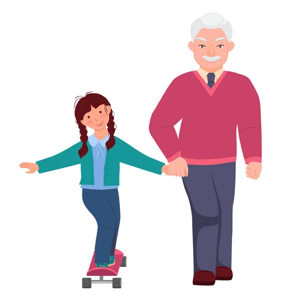 Anciano Camina Con Una Niña Abuelo Sostiene Mano Nieta Abuelo — Vector de stock