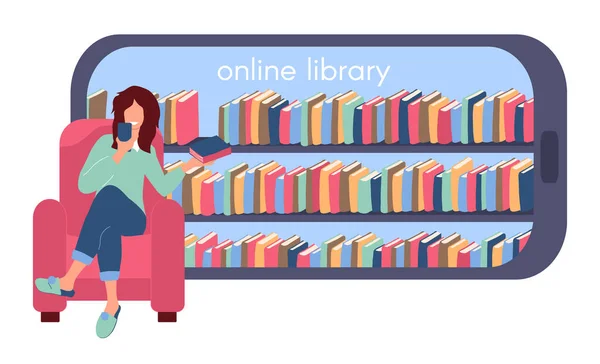 Girl Sitting Armchair Choosing Book Online Library Background Smartphone Form — Stock Photo, Image