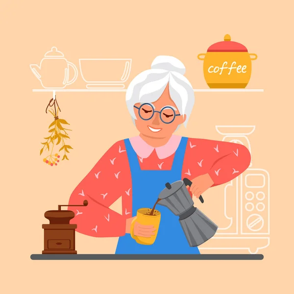 Eine Ältere Frau Gießt Kaffee Aus Einer Geysir Kaffeemaschine Einen — Stockvektor