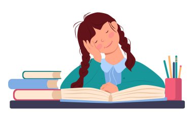 Küçük kız bir kitap yüzünden masada uyuyakaldı. Liseli kız yoruldu. Beyaz arkaplanda düz bir resim