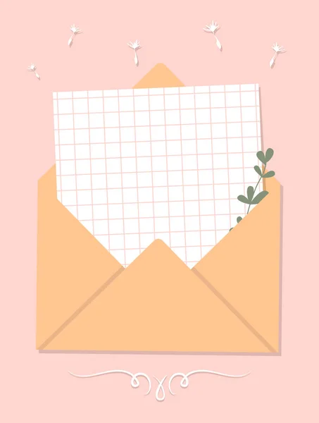 Egy Darab Papír Egy Növény Kilóg Borítékból Jegyzetpapír Rózsaszín Háttérrel — Stock Vector