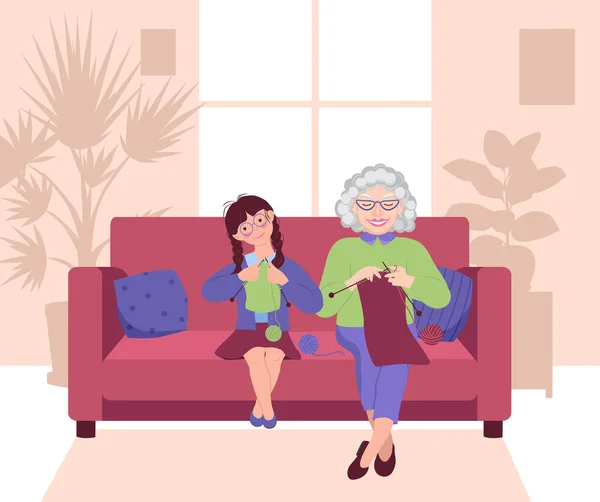 Nonna Nipote Lavorano Maglia Insieme Sedute Sul Divano Donna Anziana — Vettoriale Stock