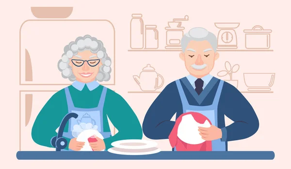 Пожилая Пара Моет Посуду Вместе Кухне Дедушка Вытирает Тарелку Полотенцем — стоковый вектор