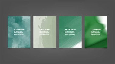 Poster, broşür veya el ilanı, suluboya posterler, el ilanları veya kartlar için yeşil vektör arkaplan seti. Sancak şablonu.