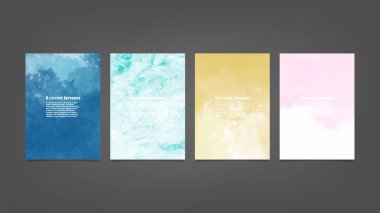 Poster, broşür veya el ilanı, suluboya posterler, el ilanları veya kartlar için renkli vektör arkaplan seti. Sancak şablonu.