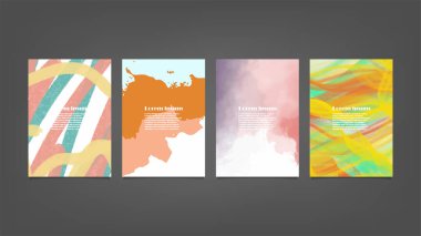 Poster, broşür veya el ilanı, suluboya posterler, el ilanları veya kartlar için renkli vektör arkaplan seti. Sancak şablonu.