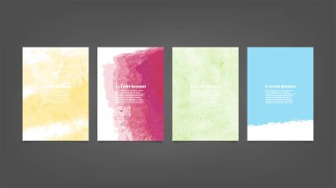 Poster, broşür veya el ilanı, suluboya posterler, el ilanları veya kartlar için renkli vektör arkaplan seti. Sancak şablonu.