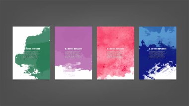 Poster, broşür veya el ilanı, suluboya posterler, el ilanları veya kartlar için renkli vektör arkaplan seti. Sancak şablonu.