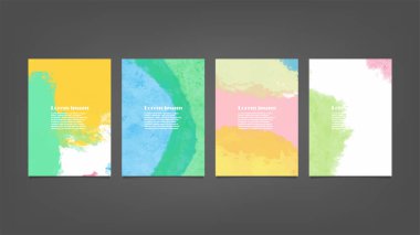 Poster, broşür veya el ilanı, suluboya posterler, el ilanları veya kartlar için renkli vektör arkaplan seti. Sancak şablonu.