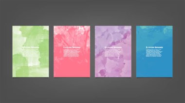 Poster, broşür veya el ilanı, suluboya posterler, el ilanları veya kartlar için renkli vektör arkaplan seti. Sancak şablonu.