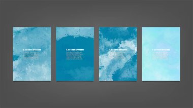 Poster, broşür veya el ilanı, suluboya posterler, el ilanları veya kartlar için mavi vektör arkaplan seti. Sancak şablonu.