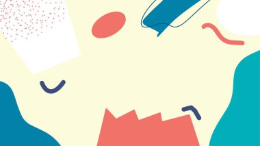 Renkli soyut arkaplan ya da çocuk parkı afiş tasarımı öğesi. Geometrik şekil, çizgi ve noktanın, 80 'ler-90' lar Memphis animasyonu tarzında renkli benekli modelini vektör kaplar.