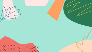 Renkli soyut arkaplan ya da çocuk parkı afiş tasarımı öğesi. Geometrik şekil, çizgi ve noktanın, 80 'ler-90' lar Memphis animasyonu tarzında renkli benekli modelini vektör kaplar.