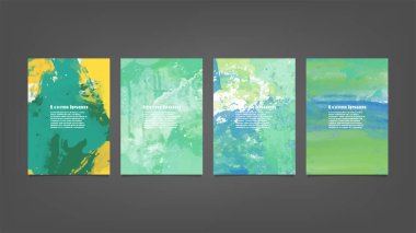 Poster, broşür veya el ilanı, suluboya posterler, el ilanları veya kartlar için yeşil vektör arkaplan seti. Sancak şablonu.