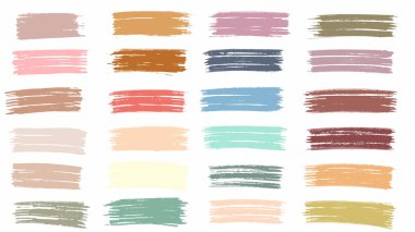 Renkli boya seti, mürekkep fırçası darbeleri, fırçalar, çizgiler. Kirli sanatsal tasarım unsurları. Vektör çizimi. Beyaz arkaplanda izole.