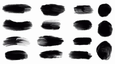 Siyah boya seti, mürekkep fırçası darbeleri, fırçalar, çizgiler. Kirli sanatsal tasarım unsurları. Vektör çizimi. Beyaz arkaplanda izole.