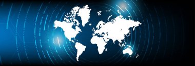 Gezegenin haritası. Dünya haritası. Küresel sosyal ağ. Geleceğe. Vektör. Dünya gezegeninin mavi fütüristik geçmişi. İnternet ve teknoloji. Yüzen mavi pleksus geometrik arkaplan.