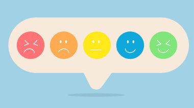 Üzgün ve mutlu ruh hali, değerlendirme, yükselme oranı, müşteri deneyimi, memnuniyet ve en iyi hizmet derecelendirme konseptine sahip konuşma balonunda ifade simgeleri. Vektör.