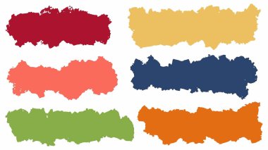 Renkli boya seti, mürekkep fırçası darbeleri, fırçalar, çizgiler. Kirli sanatsal tasarım unsurları. Vektör çizimi. Beyaz arkaplanda izole.