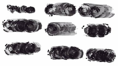 Siyah boya seti, mürekkep fırçası darbeleri, fırçalar, çizgiler. Kirli sanatsal tasarım unsurları. Vektör çizimi. Beyaz arkaplanda izole.