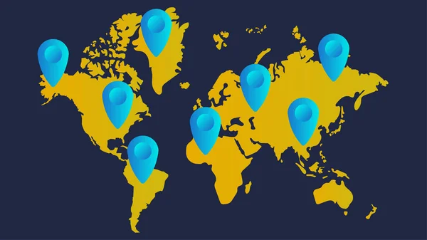 Mapa Mundo Amarelo Pino Azul Fundo Azul Escuro Vetor — Vetor de Stock