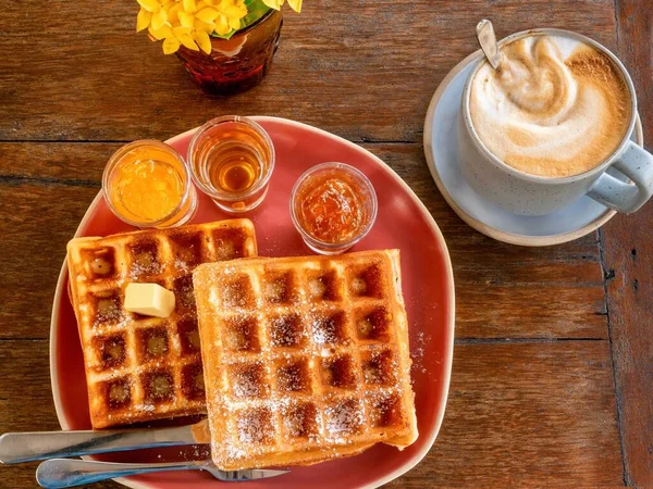 Overhead View Delicious Sweet Breakfast Belgian Waffles Dusted Powdered Sugar — Stock Photo, Image