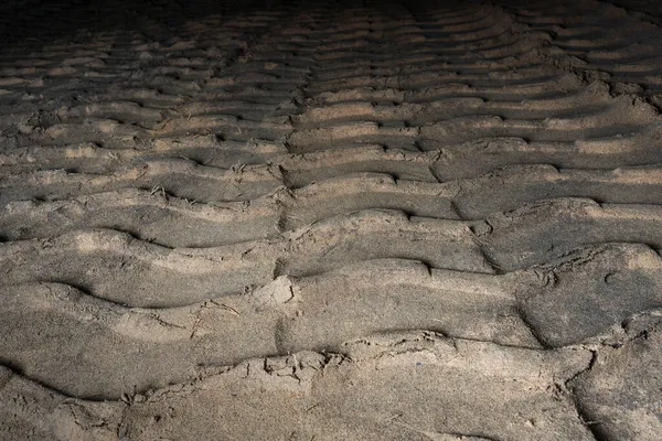 Kumda traktör tekerleği izleri, kum yüzeyinde traktör lastik izleri, kum üzerinde endüstriyel traktör ayak izleri.