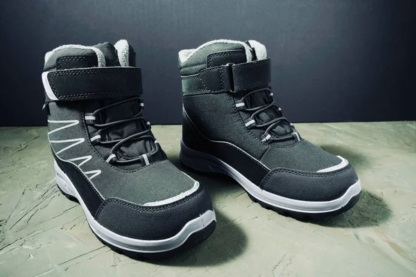 Children New Winter Warm Boots Boys Velcro Dark Textured Background — Stock Photo, Image