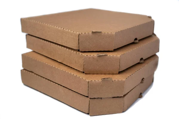 Stack Flat Brown Cardboard Pizza Boxes Isolated White Background Light — Stock Photo, Image