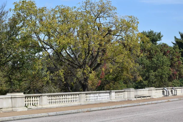 Bomen Met Bladeren Veranderende Kleuren Achter Een Loopbrug Een Heldere — Stockfoto
