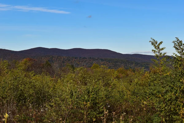 Berglandschap Met Prachtige Herfstbomen Voorgrond Een Heldere Blauwe Lucht Achtergrond — Stockfoto