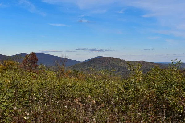 Horská Krajina Krásnými Podzimními Stromy Popředí Jasně Modrou Oblohou Pozadí — Stock fotografie
