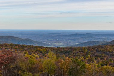Shenandoah Ulusal Parkı, Virginia, ABD - 3 Kasım 2021: Önplanda Güzel Düşen Ağaçlarla Dağ Sahnesi ve Arkaplanda Parlak Mavi Gökyüzü