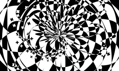 Çarpık desenler, düz olmayan bir yüzey monokrom duvar kağıdı tasarımı için optik bir illüzyon yaratır.