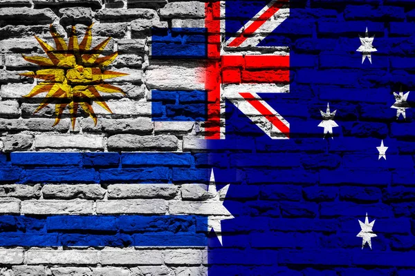 Fondo Con Bandera Uruguay Australia Una Pared Ladrillo —  Fotos de Stock