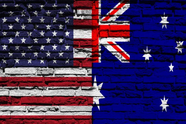 Тло Прапором Сполучених Штатів Америки Австралії Цегляній Стіні — стокове фото
