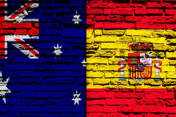Fundo Com Bandeira Espanha Austrália Uma Parede Tijolo — Fotografia de Stock