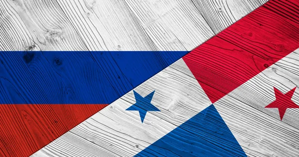 Fondo Con Bandera Rusia Panamá Sobre Tabla Madera Dividida Ilustración —  Fotos de Stock