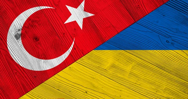 Fondo Con Bandera Turquía Ucrania Mesa Madera Dividida — Foto de Stock
