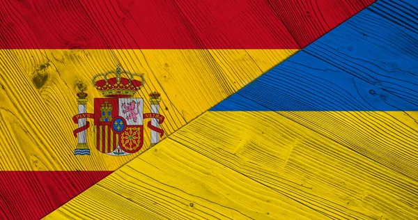 Ιστορικό Σημαία Της Ισπανίας Και Της Ουκρανίας Split Ξύλινο Τραπέζι — Φωτογραφία Αρχείου