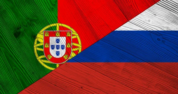 Fundo Com Bandeira Portugal Rússia Tábua Madeira Dividida Ilustração — Fotografia de Stock