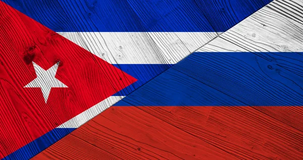 Fondo Con Bandera Cuba Rusia Sobre Tabla Madera Dividida Ilustración —  Fotos de Stock