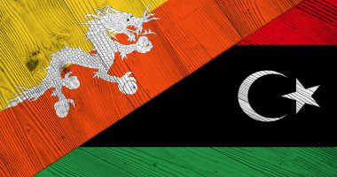 Bölünmüş tahta tahtada Butan ve Libya bayrağı olan bir arka plan. 3d illüstrasyon