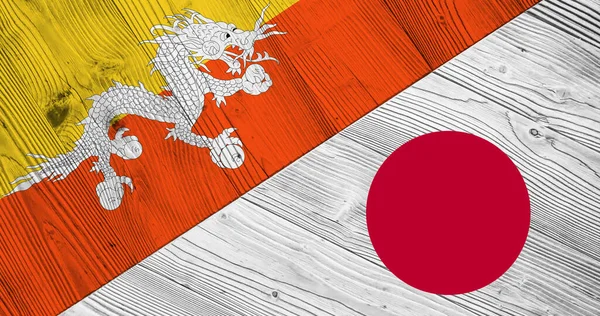 Pozadí Vlajkou Bhútánu Japonska Rozdělené Dřevěné Desce Ilustrace — Stock fotografie
