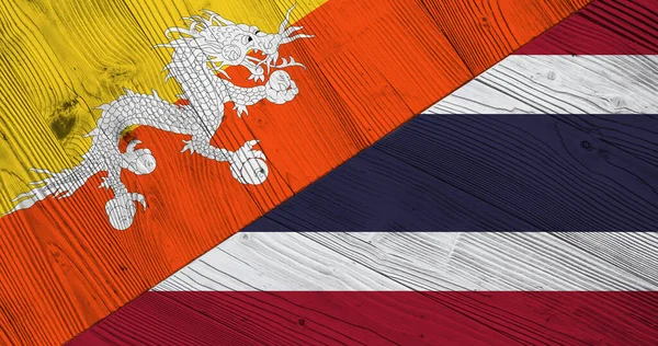 Hintergrund Mit Flagge Von Bhutan Und Thailand Auf Geteiltem Holzbrett — Stockfoto