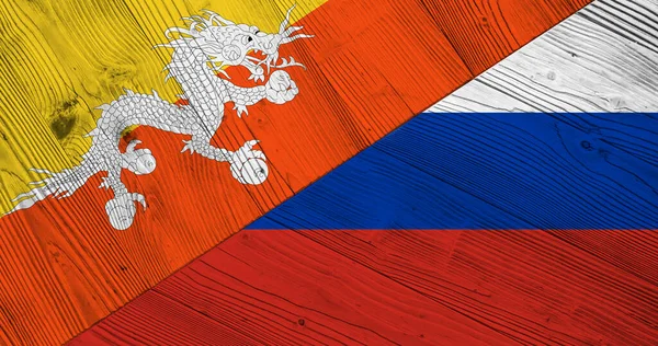 Bhutan ve Rusya 'nın bayraklı arka planı tahtanın üzerinde. 3d illüstrasyon